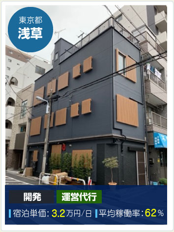 東京都浅草。開発、運営代行。宿泊単価3.2万円。平均稼働率62%。